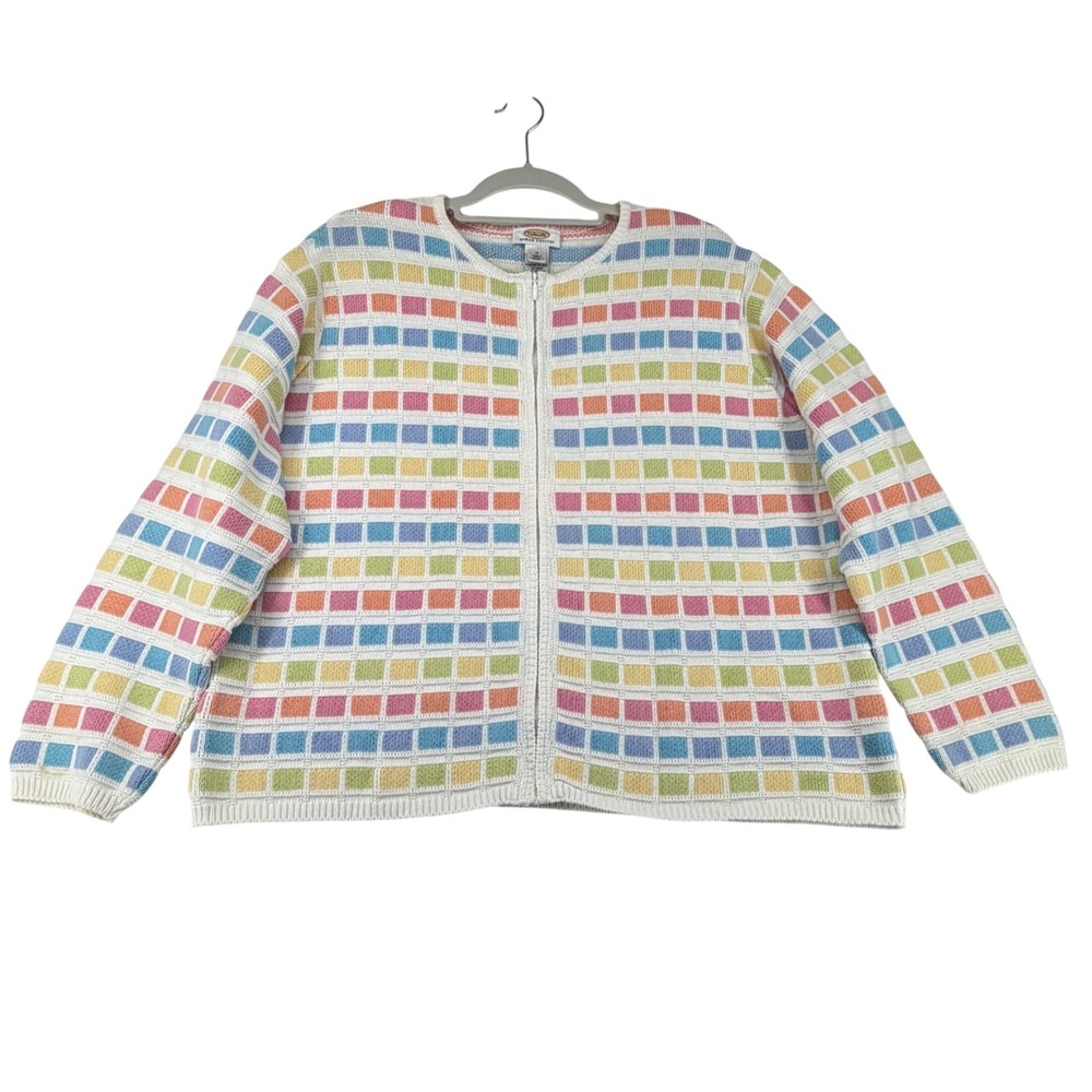 Vintage Talbots Woman Petites 1X Rainbow Grid Zip Cardigan Sweater Pastel Cotton